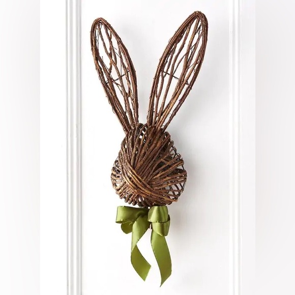 Other - Twig Rabbit Head Door Hanger Brown Wicker Bunny Wall Decor with Green Bow